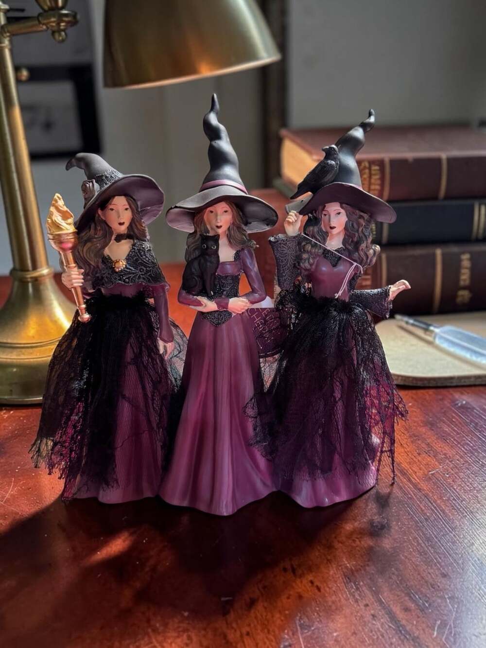 Eerie Charm Halloween Witch Trio Figurine Purple Lace Goth
